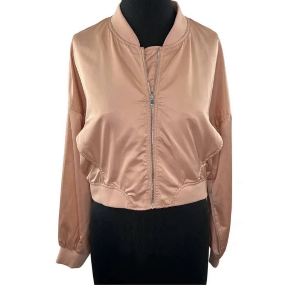 ZARA Pink Satin Full-Zip Cropped Bomber Jacket 3427/010 Drop Shoulder Relaxed L